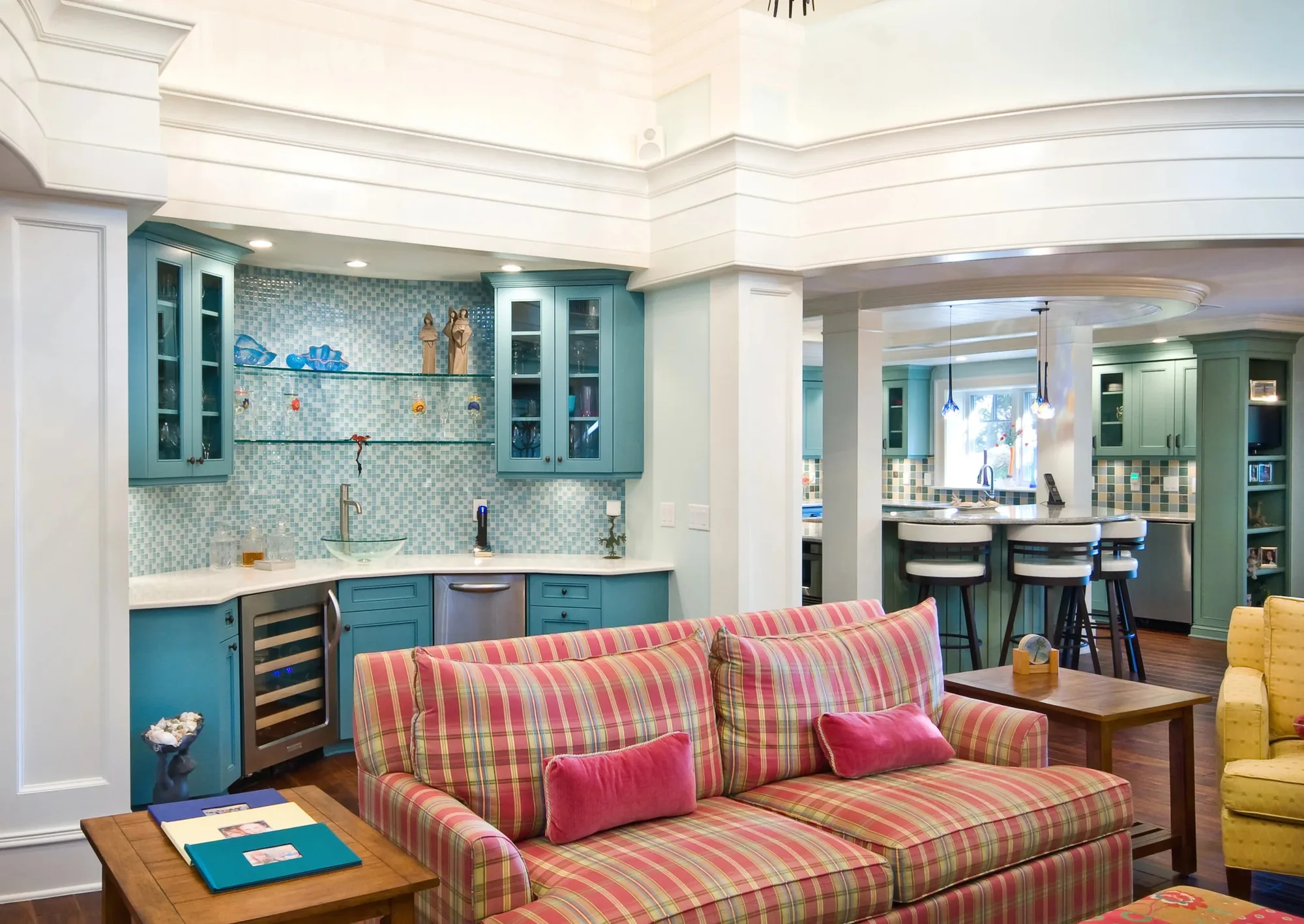 Low Country Allure: ocean blue built-in cabinetry and bar, Charleston