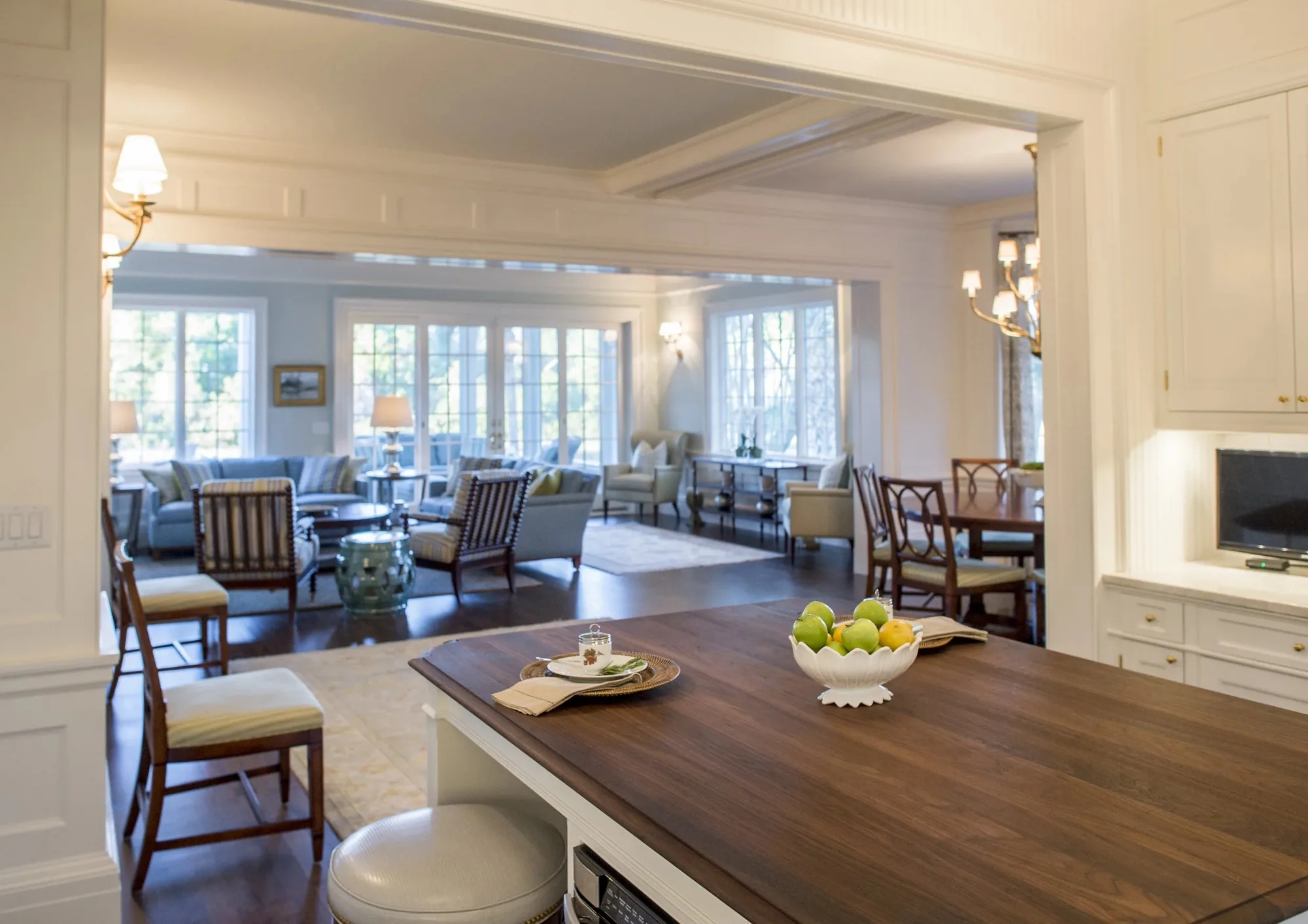 Ocean Paradise: walnut island countertop and white cabinetry, Kiawah Island